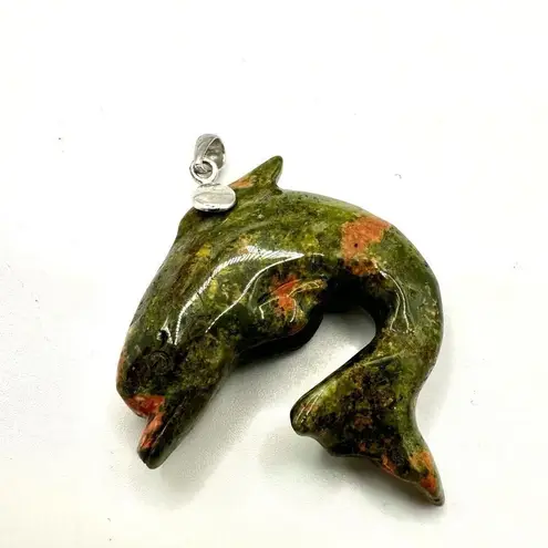 Dolphin unakite sterling silver pendant Green