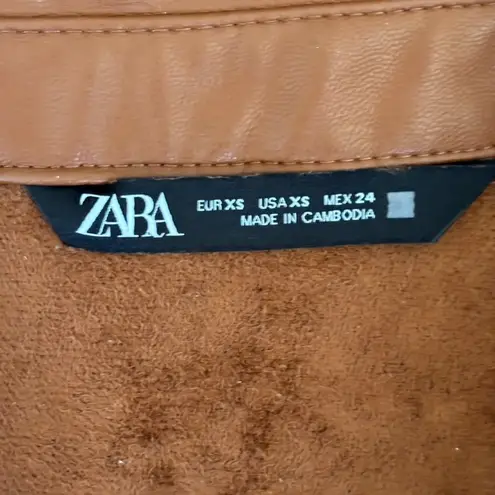 ZARA  Faux Leather Faux Wrap Dress Camel Sz XS‎ Chic Sophisticated Nouveau Riche
