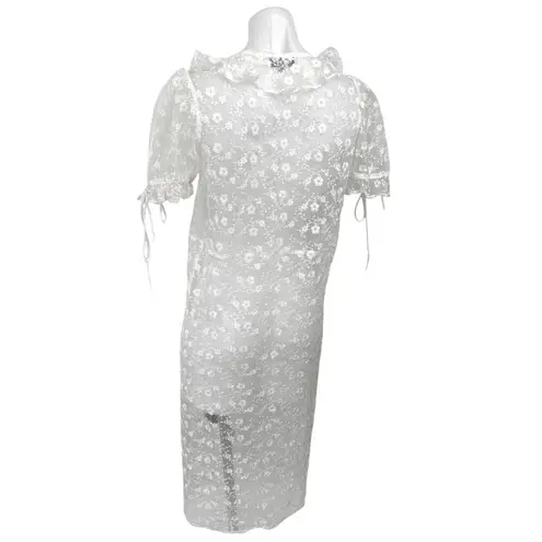 Majorelle White Floral Lace Short Sleeve Plunge Ruffle Sheer Midi Dress XS