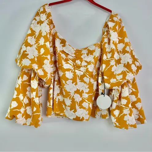 Milk & Honey|Dark Mustard Yellow Floral Ruffle Sleeve Top sz Large NWT