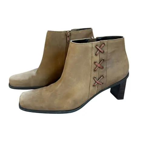 Etienne Aigner Saddle Leather Ankle Zip Boots Square Toe Women 8.5 Beige Brown