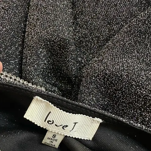 Love j Sparkly Silver Black Bodysuit Rhinestone Strap Long Sleeve Glam Going Out NYE