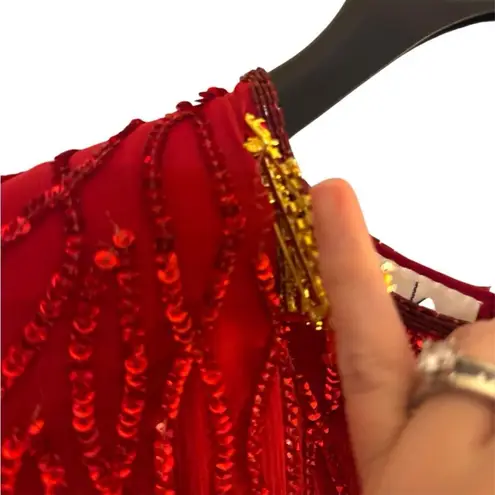 Laurence Kazar 80’s Red Silk Sequins Beaded Short Sleeve Evening Gown Sz 14