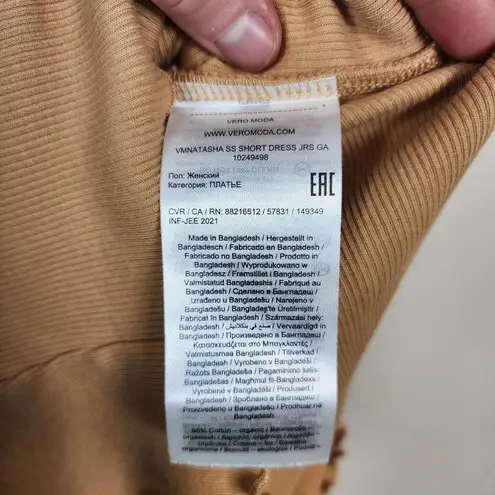 VERO MODA Dress Large Tan Ribbed Short Sleeve Mini Organic Cotton Stretch NWT