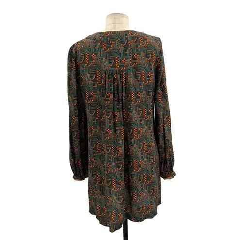 Anna Sui Tunic Top Dress Beaded Abstract Long Sleeve Brown Orange Green Size 6
