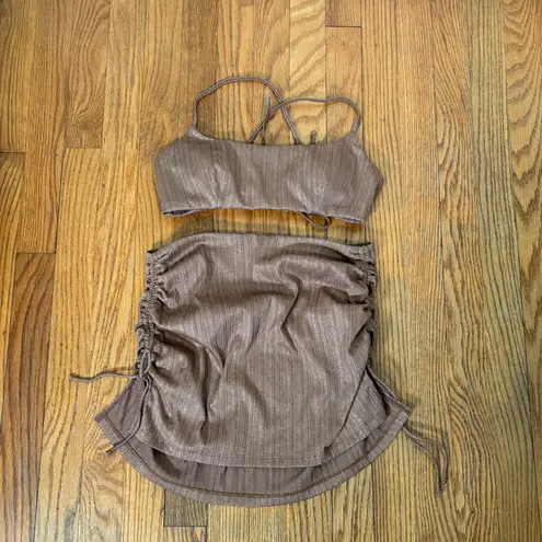 ANDIE Bikini Set Fiji Top High Waisted Bottom Cover-up Latte Sparkle Small NWT