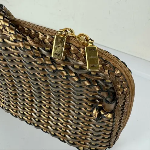 Vtg CEM Gold Metallic Woven Leather Crossbody Bag Full Zip