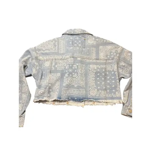 Indigo Saints Bandana Print Cropped Denim Jean Jackyet Raw Hem Floral Sz M NWT Blue Size M