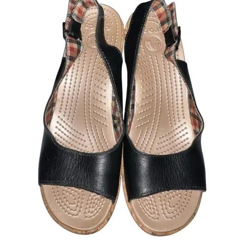 Crocs  Sandals Womens Black Leather A Leigh Slingback Cork Wedge Heel 11848 US 10