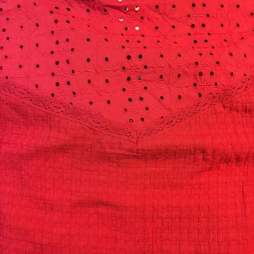 Knox Rose  Red Eyelet Collar Puff Sleeve Button Up Blouse Women Size L