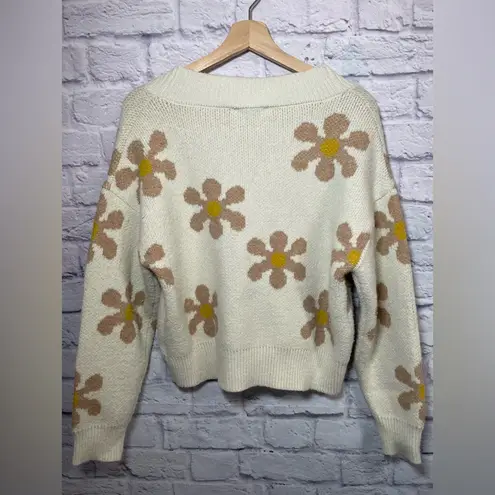 Industry Flower Power Button Cropped Cardigan Cream Tan V Neckline