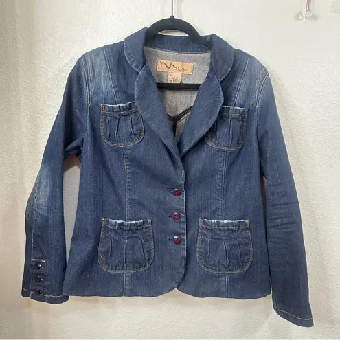 Denim Blazer 3 Button Boutique Front Pockets Western Large Boho Jacket Womens Blue