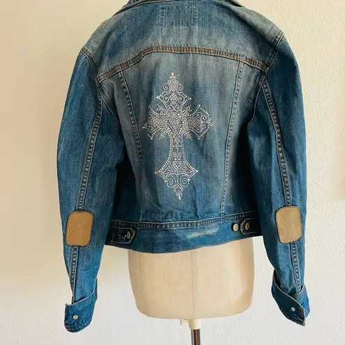 Old Navy Y2K  Denim Blue Jean Cotton Jacket Back Bedazzled Silver Sparkle Cross