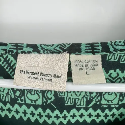 The Vermont Country Store Dress L Nightgown Muumuu 100% Cotton Elephants Pockets Green Size L