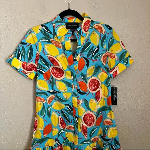 Donna Morgan NWT Fruit Print Short Sleeve Shirtdress 2 Blue Multicolor