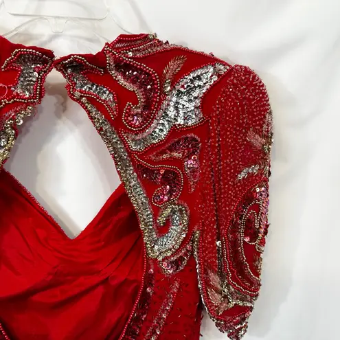 VTG Showtime Size 14 Dress Red Beaded 80s Formal Gown Evening Open Back Slit E