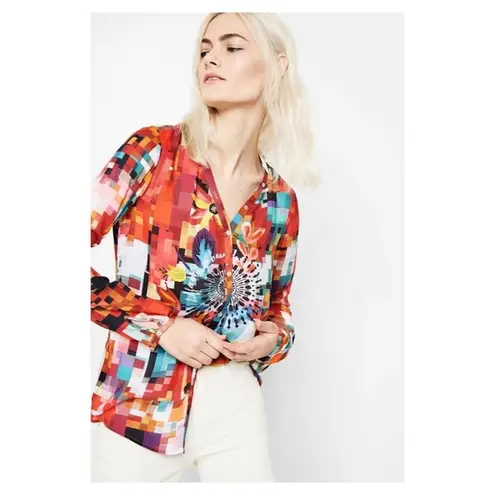 Desigual Colorful Pixelated Floral Print Camilia Rep Begona Long Sleeve Blouse