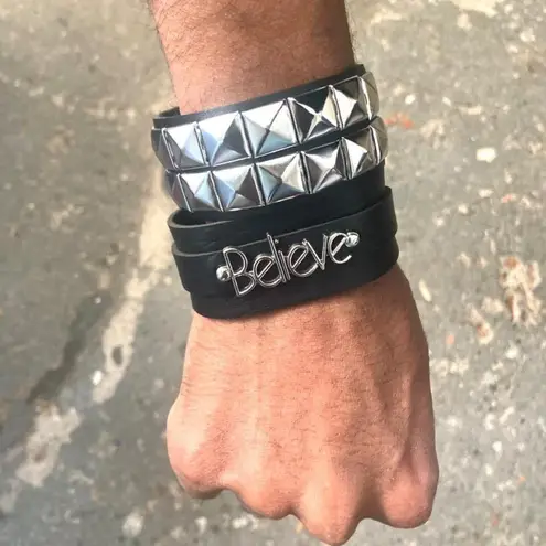 2 Pcs Set “ The Believe Studded Punk Bracelet Goth Pack “ Black