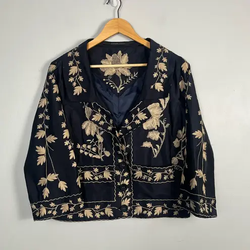 Isda & Co. Embroidered 100% Silk Short Blazer Jacket Navy Blue size medium