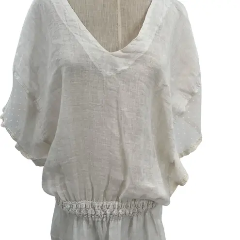 Sunday Saint Tropez Coverup Dress Linen Dolman Sleeve Smocked Cream One Size White Size undefined