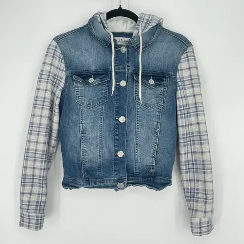 Wallflower Womens Retro Blue Denim Button Up Hooded Sweater Sleeve Jacket Small