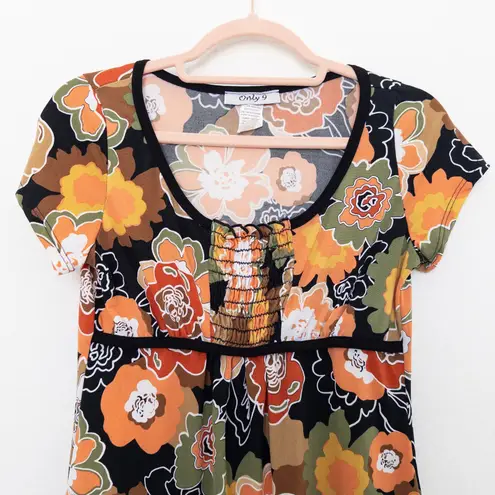 Y2K Only 9 Womens Babydoll Top Size M Petite Black Orange Floral Retro Indie