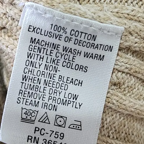 IZOD Cotton Cable Knit Crewneck Sweater Tan with Pink