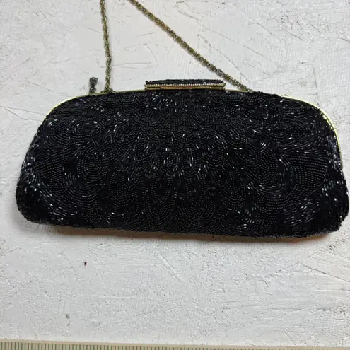 Vintage Black Beaded Clutch Evening Bag with Chain Strap