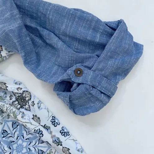 Kyla Sep Chambray and Floral Button Down Shirt Blouse Blue Roll Tab Size M Size M