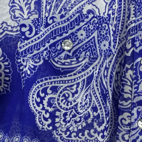 VTG Y2K Fairy Grunge Paisley Mesh Button Front Top Large White Blue Long Sleeve