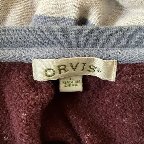 Orvis  Women's Sweatshirt Gray White Striped Brown Leather Elbow Patches Size L