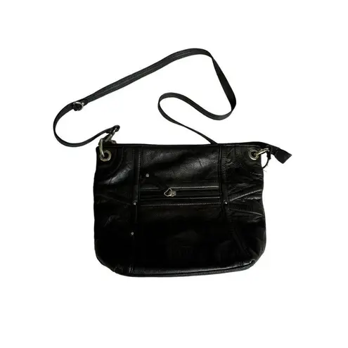 Stone Mountain Black Leather Crossbody Bag With Pink Lining & Multiple Pockets