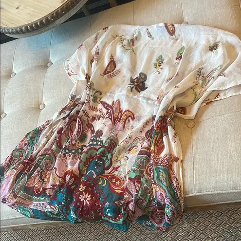 Rhona Sutton Creme Floral Beaded Sequenced Printed Swim Cover Up Tie Waist Red