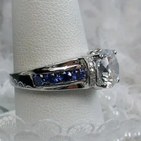 NWOT Lab Sapphire&2ct CZ Ring Art Deco Style Wedding,anniversary, engagement Silver