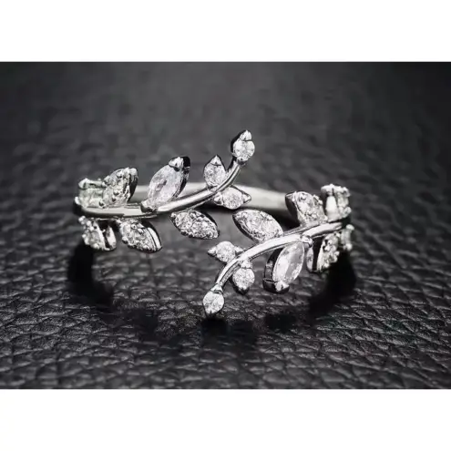 Boutique Sparkly‎ 5a Cz Leaf Ring | White Gold Plated Sterling Silver