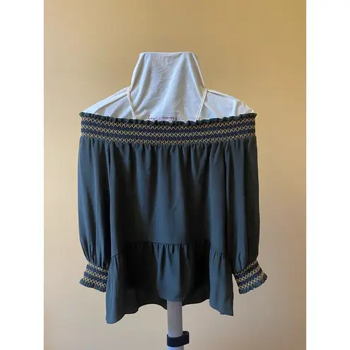 Whistles Off Shoulder Mandy Silk Cropped Boho Bardot Peplum Top Olive Size 2