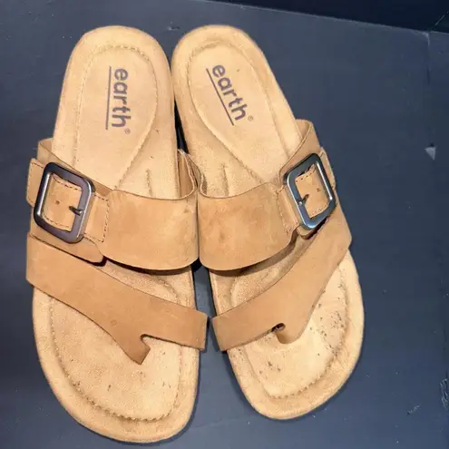 Earth Origins Earth Brown Leather & Cork Comfort Cushioned Strappy Slip-on Casual Sandals 8.5M