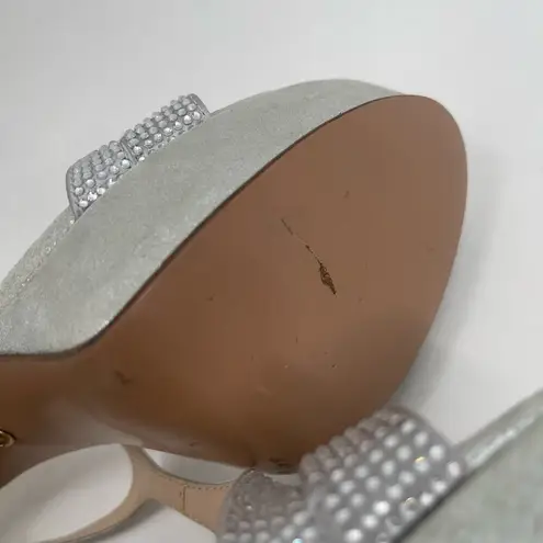 PELLE MODA Heels Size 8 Onora Platform Silver Rhinestone Crystals Strappy Ankle