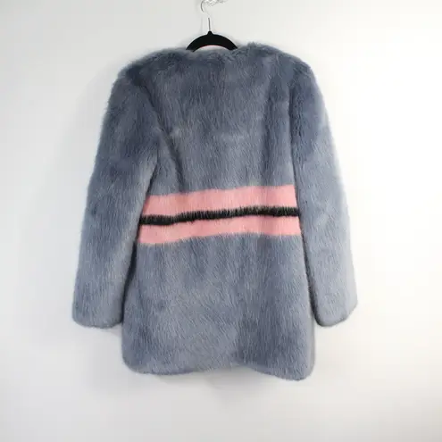 Shrimps Frederica Blue Pink Black Striped Colorblock Agnes Faux Fur Long Coat Size 10