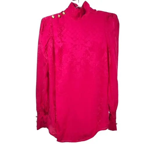 Balmain NWT x H&M Silk Jacquard High Mock Neck Padded Shoulder Blouse in Pink