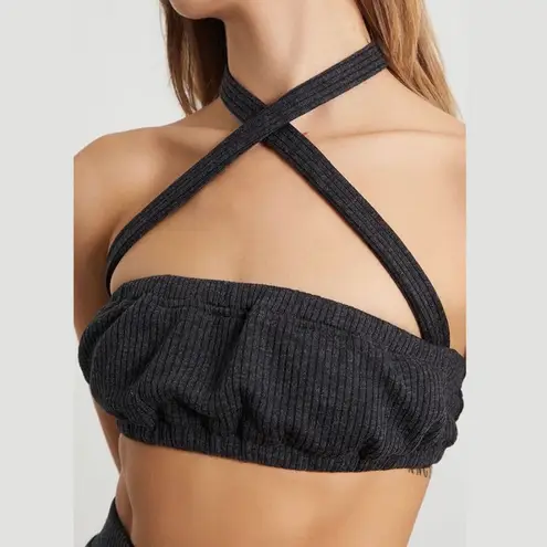 We Wore What New Tie Halter Bra Top Ribbed Knit Crop Top Charcoal Size Small