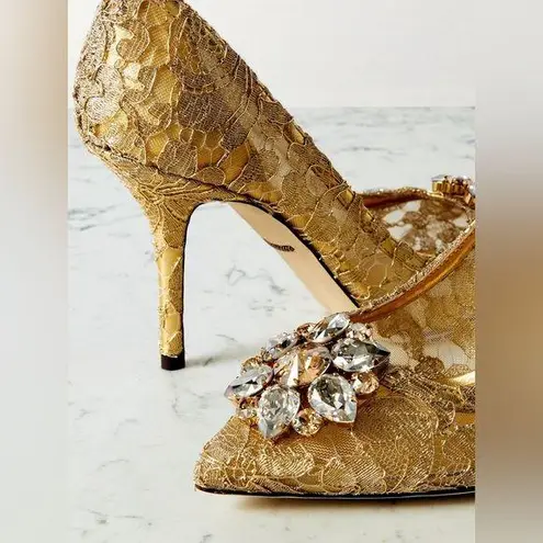 Dolce & Gabbana | Bellucci Gold Metallic Lace Heels Crystal Embellishments 37