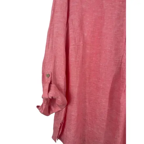 Sigrid Olsen 1X 100% Linen QTR Button Tunic Top Pink Roll Tab Sleeve Relaxed - Image 3