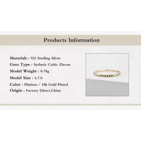 Boutique NEW Dainty Gold Plated Sterling Black Synthetic Diamond‎ Ring, Size 6