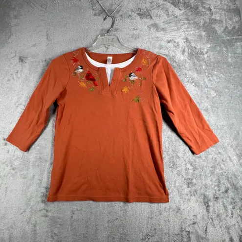 Morning Sun Top Birds Embroidered Fall Layer Tunic Autumn Pullover Orange Small Orange