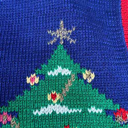 Vintage Berek 80s Hand Knit Christmas Vest Santa Tree Scene Pima Cotton Festive Blue Size L