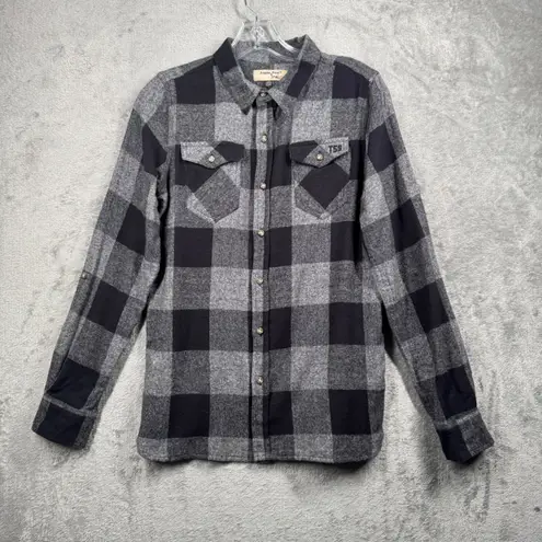 Triple Five Soul Shirt L Flannel Button Up Black Gray Plaid Roll Tab Lumberjack Size L