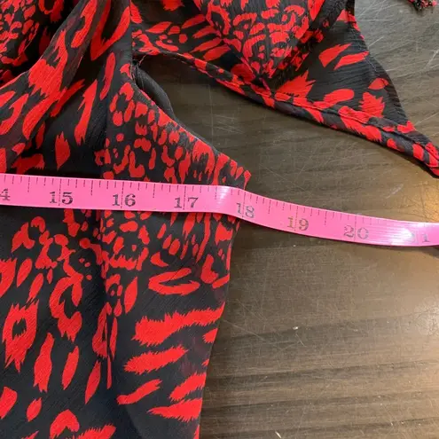 MSK Y2K Red Black Animal Print Blouse Large Ruffle Sheer Flutter Sleeve USA READ