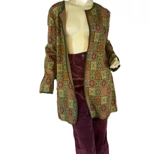 Nina Leonard ORANGE, GREEN, & GOLD PATCHWORK LOOK CARDIGAN SWEATER & BELT (L)
