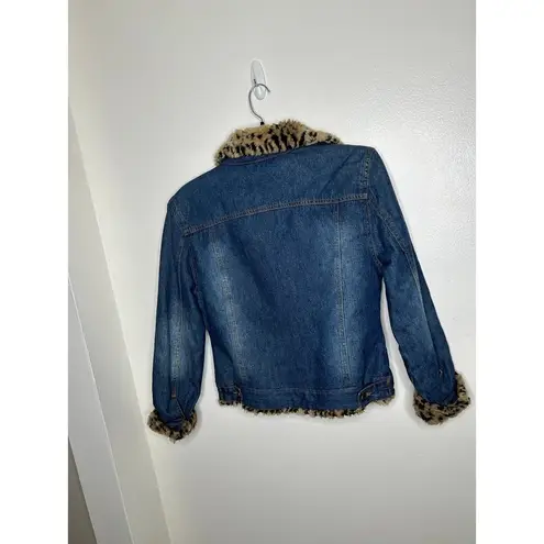 Vintage 90s 1990s y2k 2000s denim jacket with cheetah print faux fur lining retr Blue